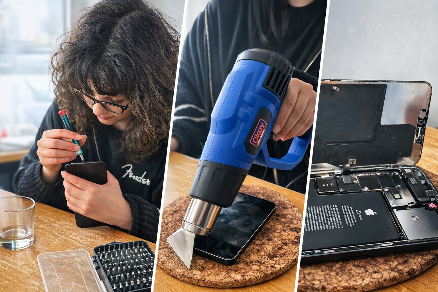 Three views of phone repair: a learner working with a small tool, heating a phone, and an opened phone showing its components.