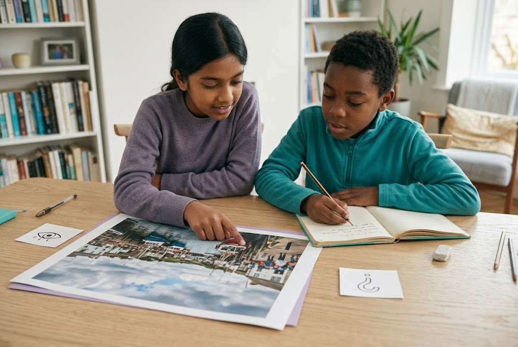 Learners examine a harbour photograph and record what they notice.