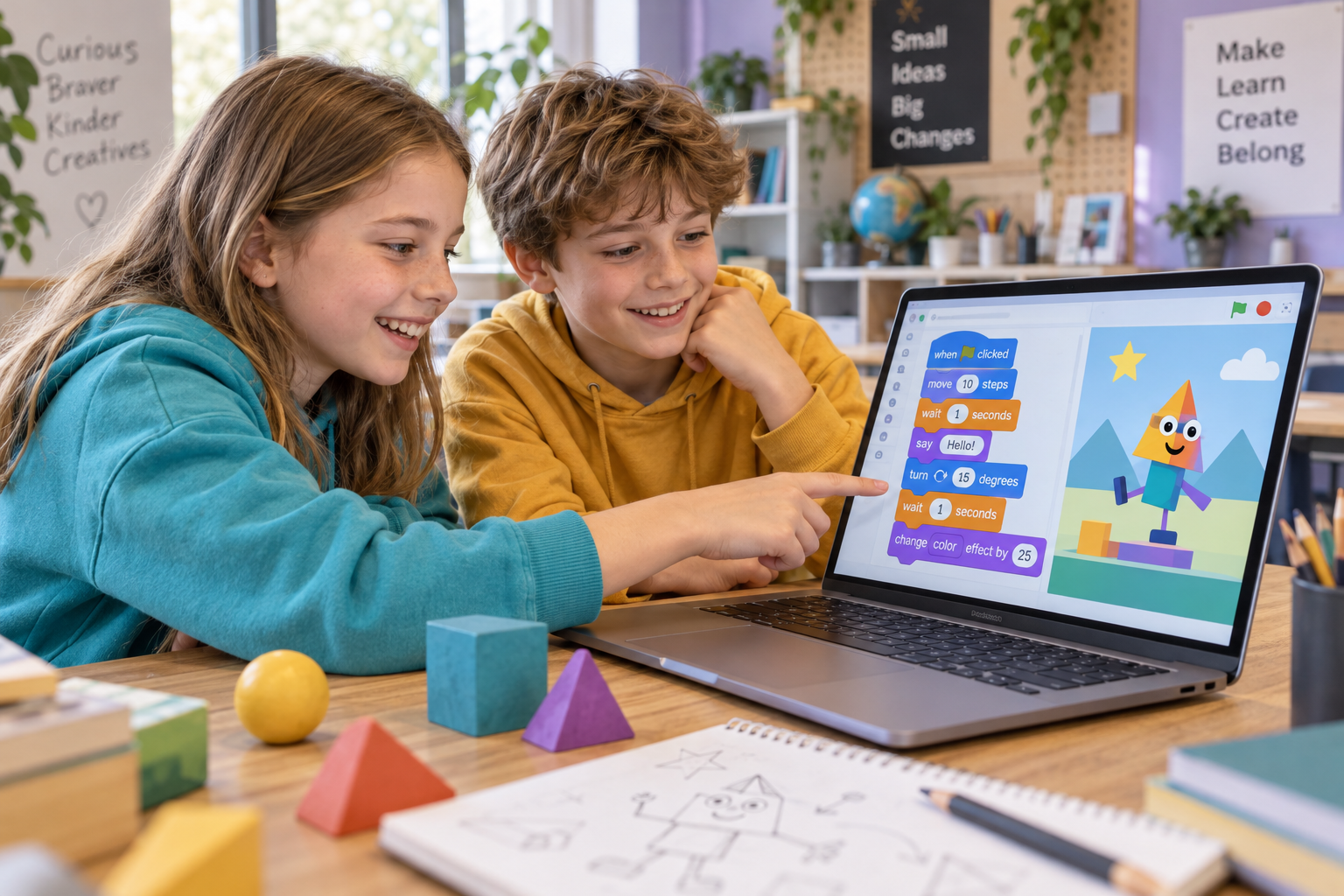 Two students explore colourful coding blocks and geometric characters together.