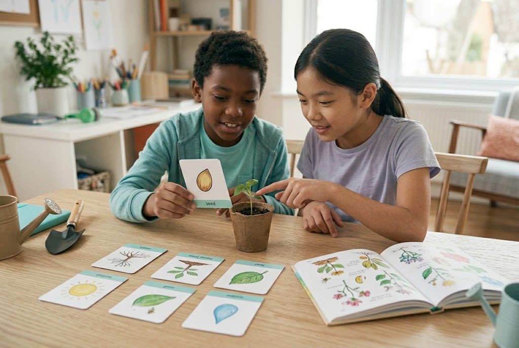 Learners connect illustrated knowledge cards with a real seedling.
